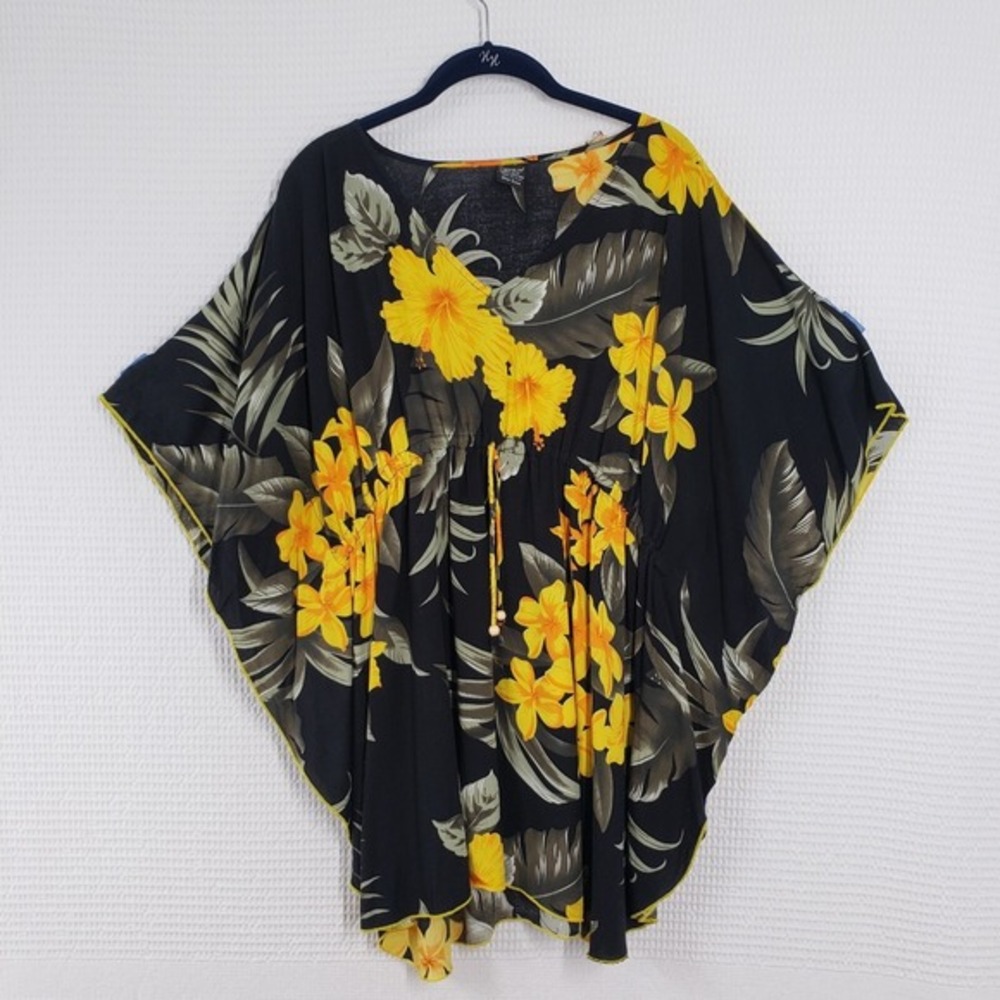 Favant‎ Hawaiian Swim Cover Up Mini Dress Tunic Womens XL Black Floral Tropical